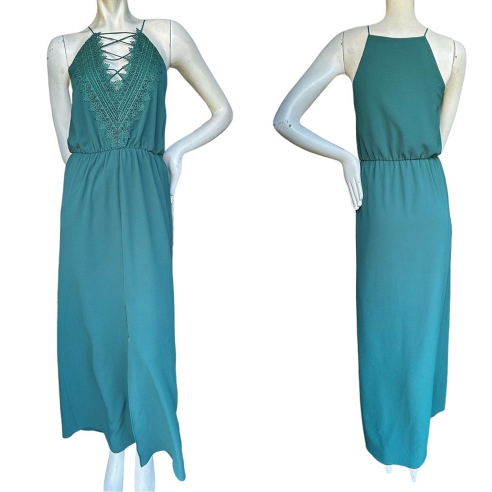 WAYF Posie Green Bug Lace Up Halter Front Slit Maxi Dress Size Small